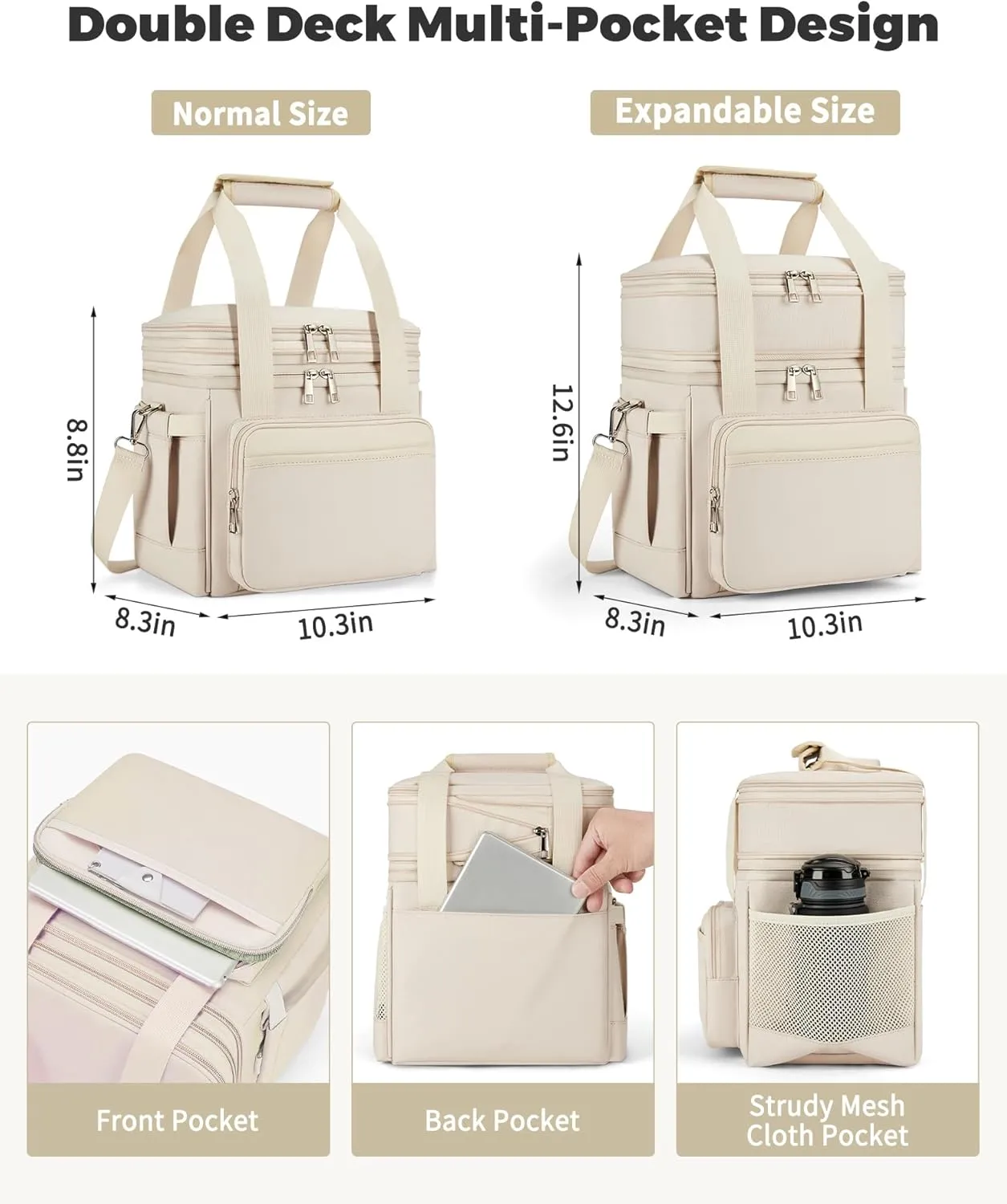 Insulated Lunch Bag & Lunch Box for Women - Double Deck Reusable Lunch Bag for Men Tote Cooler Bag Leakproof Soft Expandable - Large Lunchbox for Work/Adult/Picnic/Outdoor(Cream，15L)