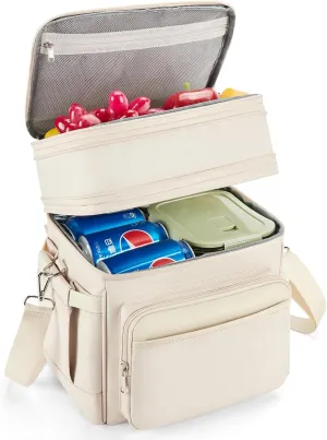 Insulated Lunch Bag & Lunch Box for Women - Double Deck Reusable Lunch Bag for Men Tote Cooler Bag Leakproof Soft Expandable - Large Lunchbox for Work/Adult/Picnic/Outdoor(Cream，15L)