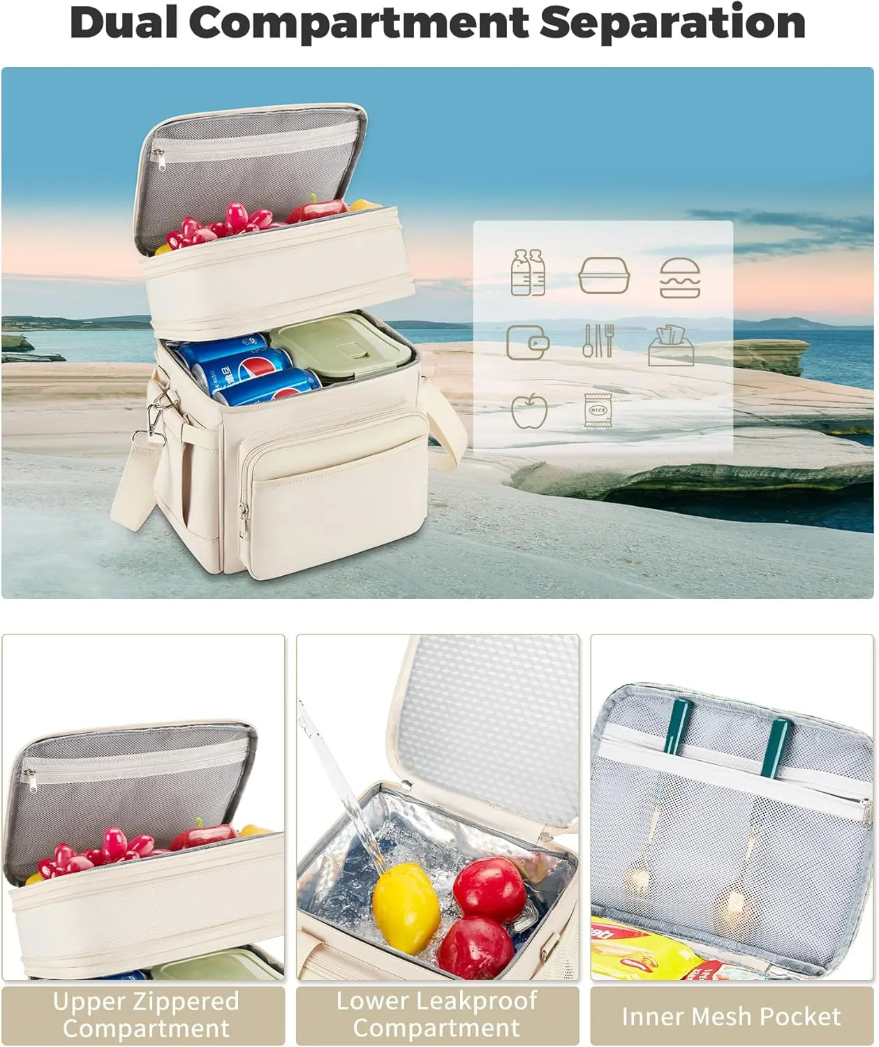 Insulated Lunch Bag & Lunch Box for Women - Double Deck Reusable Lunch Bag for Men Tote Cooler Bag Leakproof Soft Expandable - Large Lunchbox for Work/Adult/Picnic/Outdoor(Cream，15L)