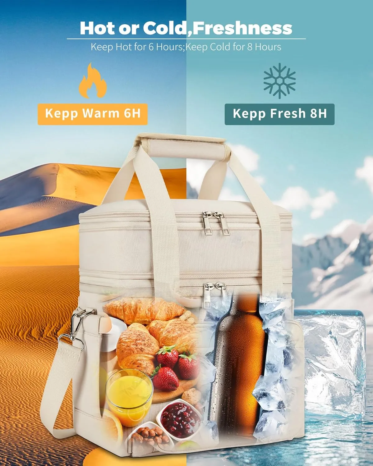 Insulated Lunch Bag & Lunch Box for Women - Double Deck Reusable Lunch Bag for Men Tote Cooler Bag Leakproof Soft Expandable - Large Lunchbox for Work/Adult/Picnic/Outdoor(Cream，15L)