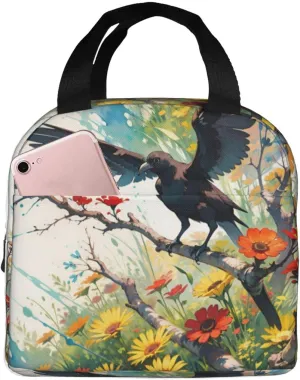 Insulated Lunch Bag for Women Men, Reusable Aluminum Foil Lunch Box, Leakproof Thermal Meal Cooler Shopping Grocery Tote Bag Handbags for Office Work Picnic, Crow Sunflowers Branch