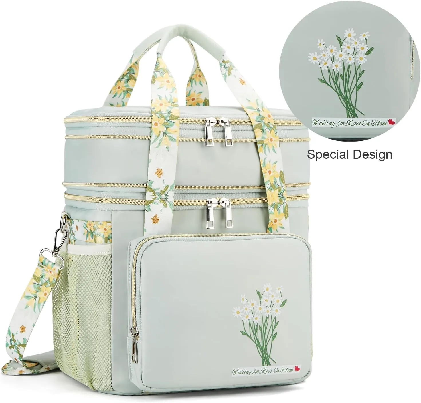 Insulated Lunch Bag for Women/Men, Dual Compartment Waterproof Reusable Large Lunch Box for Adlut Wide-Open Tote Cooler Bag For Working Picnic Hiking (16L, Green-Flowers)
