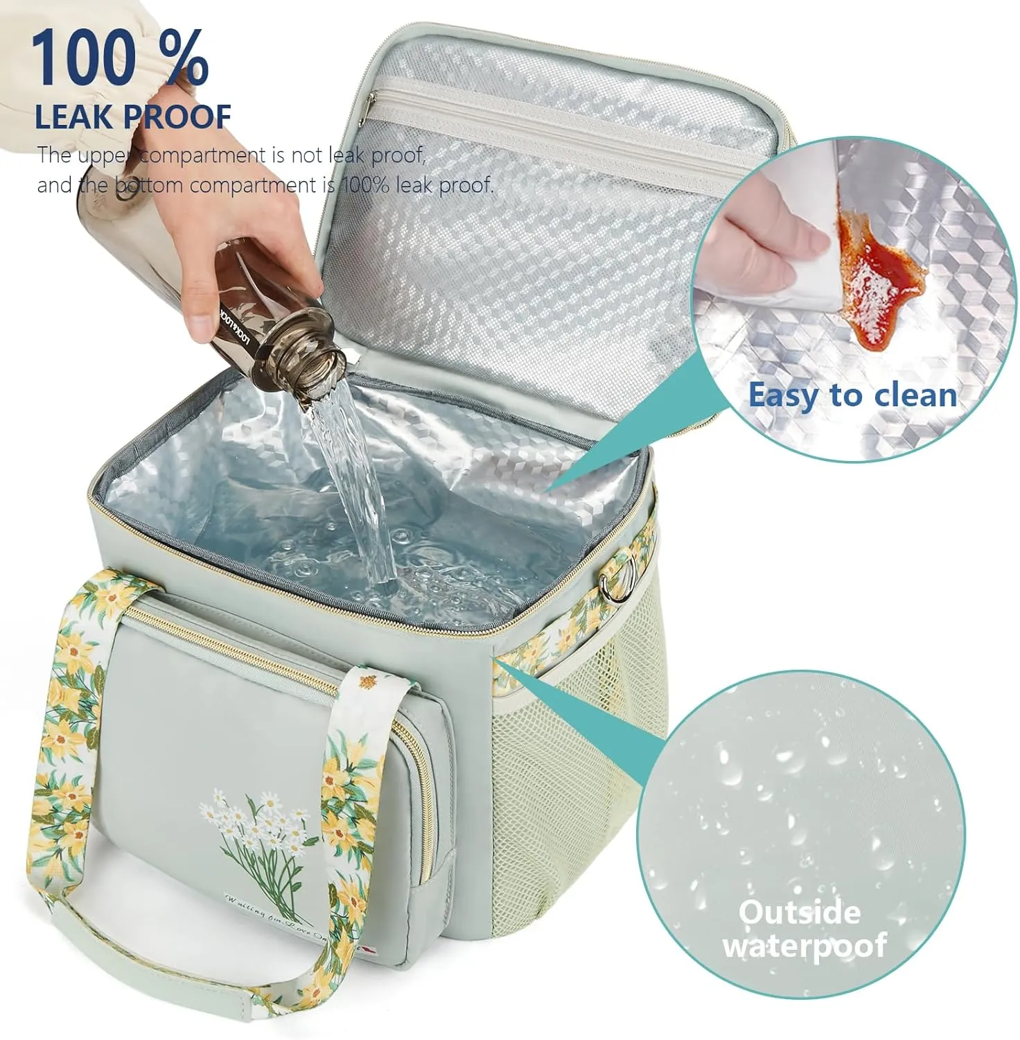 Insulated Lunch Bag for Women/Men, Dual Compartment Waterproof Reusable Large Lunch Box for Adlut Wide-Open Tote Cooler Bag For Working Picnic Hiking (16L, Green-Flowers)