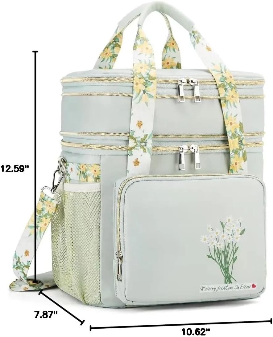Insulated Lunch Bag for Women/Men, Dual Compartment Waterproof Reusable Large Lunch Box for Adlut Wide-Open Tote Cooler Bag For Working Picnic Hiking (16L, Green-Flowers)