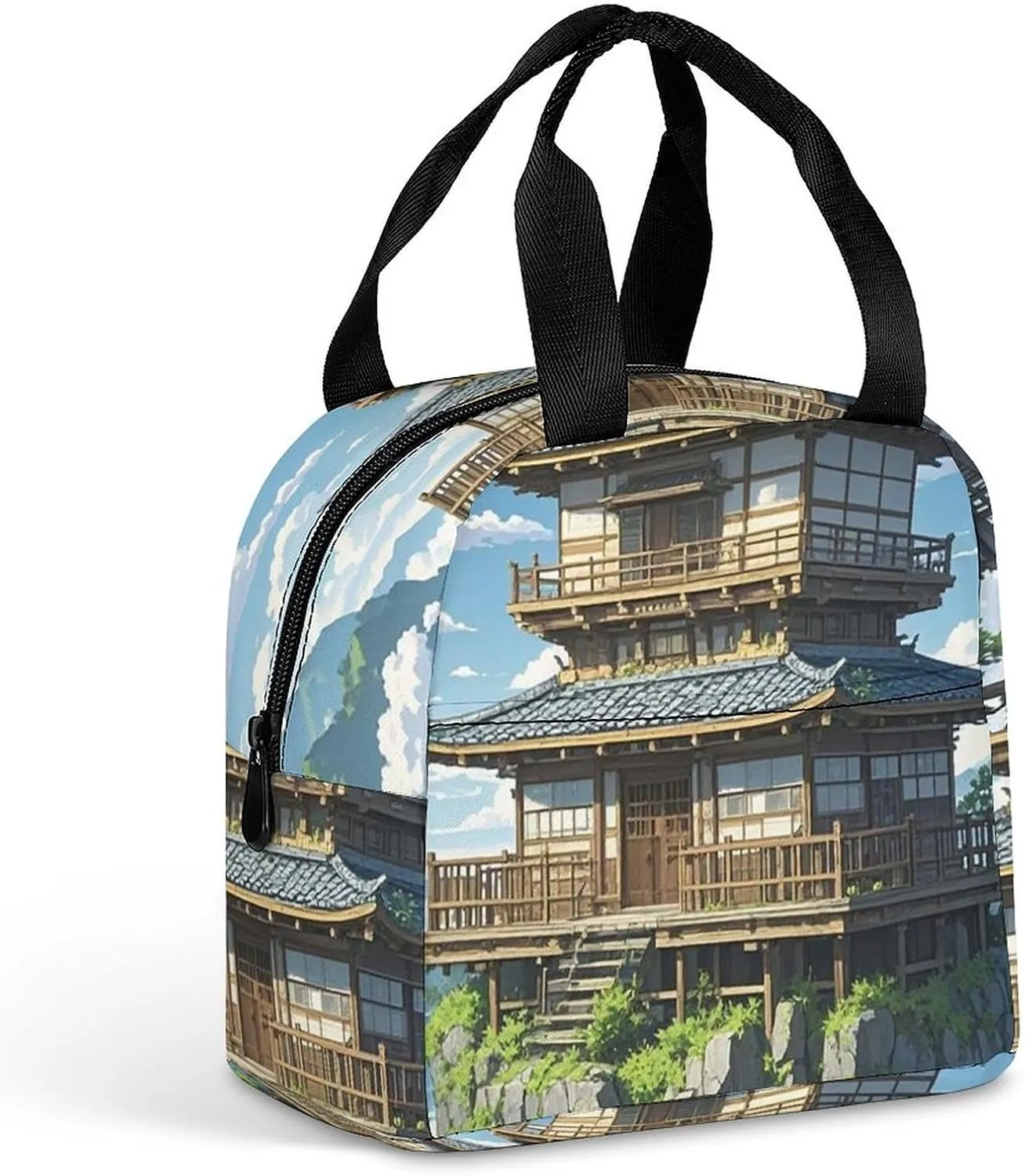 Insulated Lunch Bag Meal Bag, Japanese Architecture Printed Wide Opening Lunch Bag Reusable Leak-proof Meal Bag for Work Picnic Beach Trip Office Travel