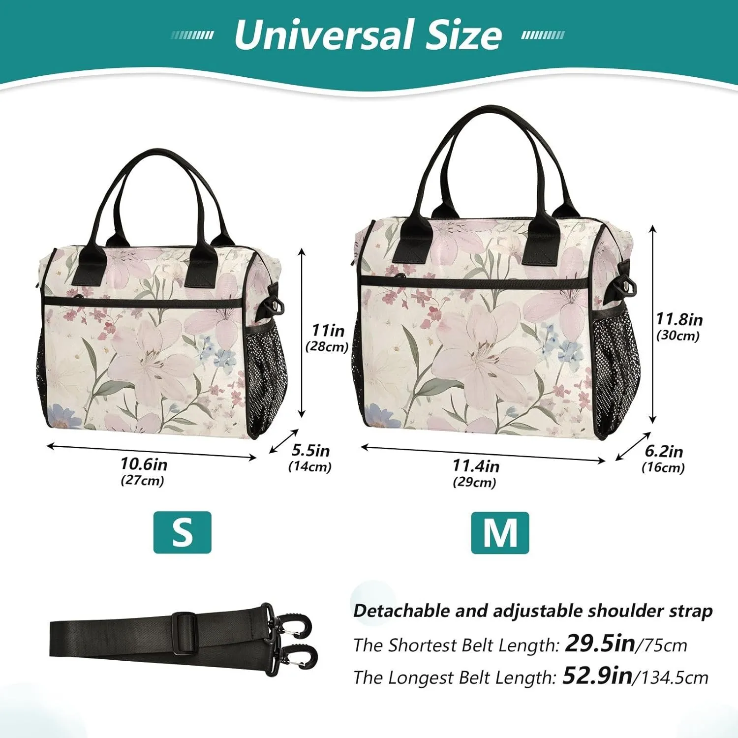 Insulated Lunch Bag-Pale Flowers 16 Can with Adjustable Strap, Aluminum Foil Interior Thermal Meal Tote for Work Travel Outdoor-Small