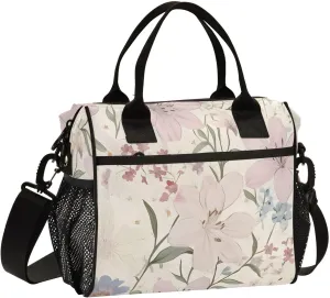 Insulated Lunch Bag-Pale Flowers 16 Can with Adjustable Strap, Aluminum Foil Interior Thermal Meal Tote for Work Travel Outdoor-Small