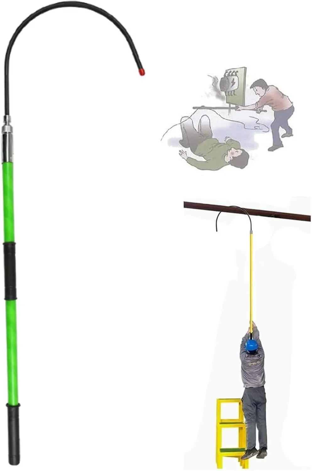 Insulated Rescue Hook, Detachable Anti-Electric Shock Emergency Rescue Pole with Non-Slip Handle and Storage Bag, Emergency Care Safety and Defense Tool(Green,1m/3.3ft)