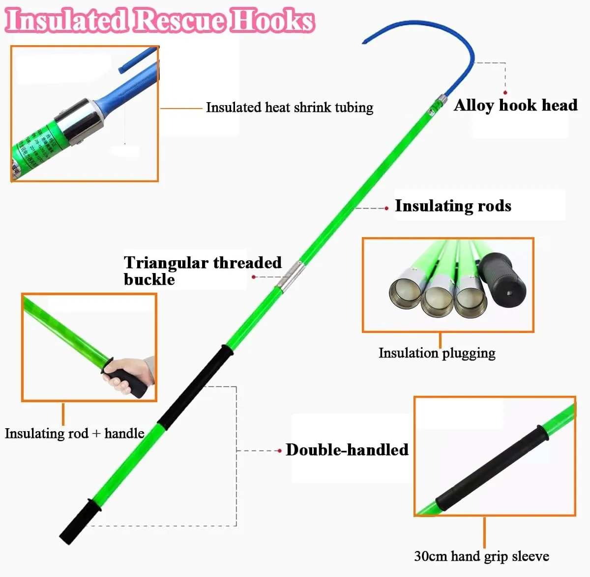 Insulated Rescue Hook, High Voltage Electricity Anti-electrocution Lifeguard Rod Emergency Lifesaving Pole Pulling Man Hook Electrical Shock Safety Tools For Firefighter Electrician Electric Worker(Gr
