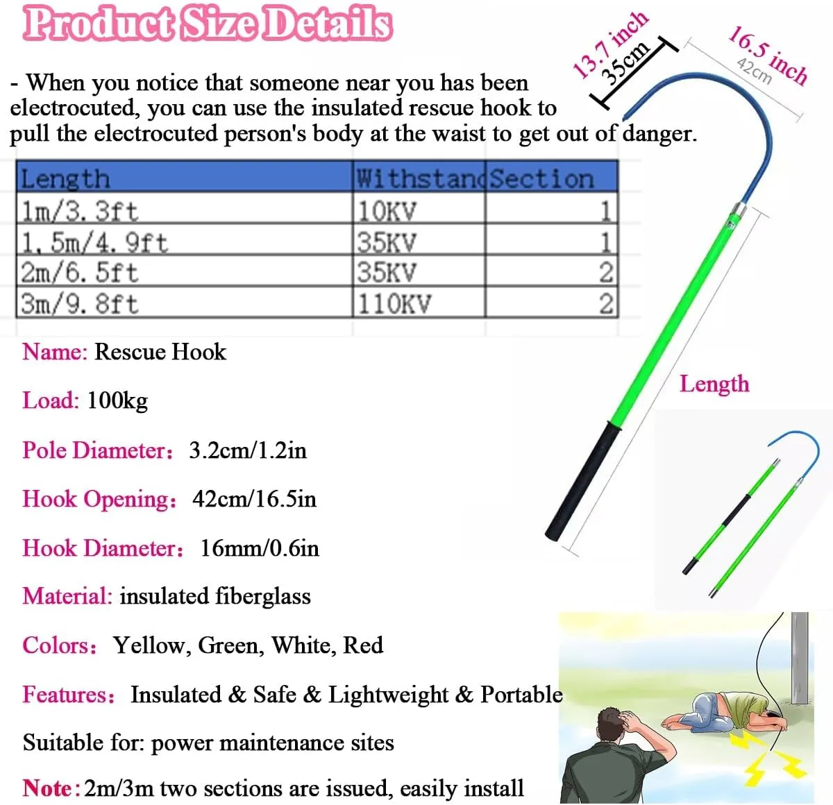 Insulated Rescue Hook, High Voltage Electricity Anti-electrocution Lifeguard Rod Emergency Lifesaving Pole Pulling Man Hook Electrical Shock Safety Tools For Firefighter Electrician Electric Worker(Gr