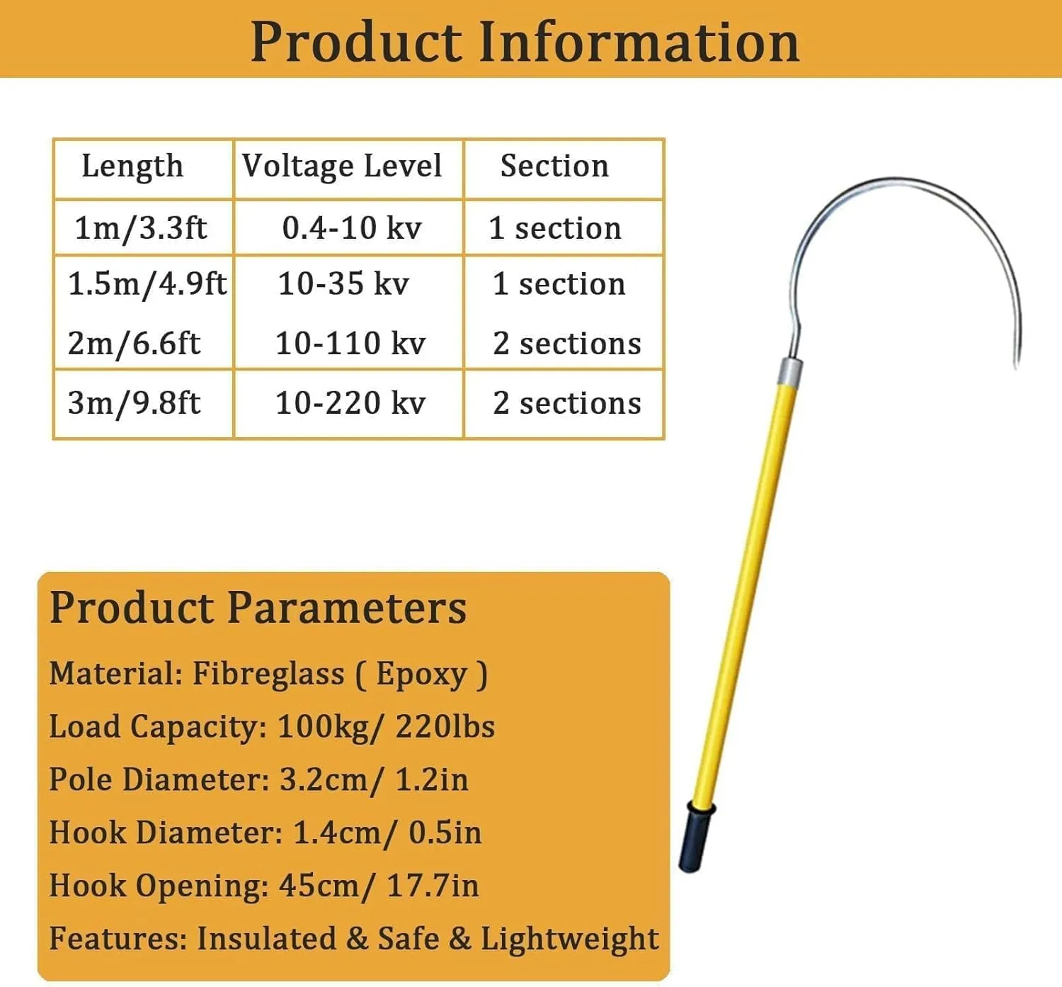 Insulated Rescue Hook,Anti-Electric Shock Insulation Rescue Hook, Drowning Rescue Pole, Electrical Emergency Rescue Hook(Size:1.5m/4.9ft,Color:Yellow)