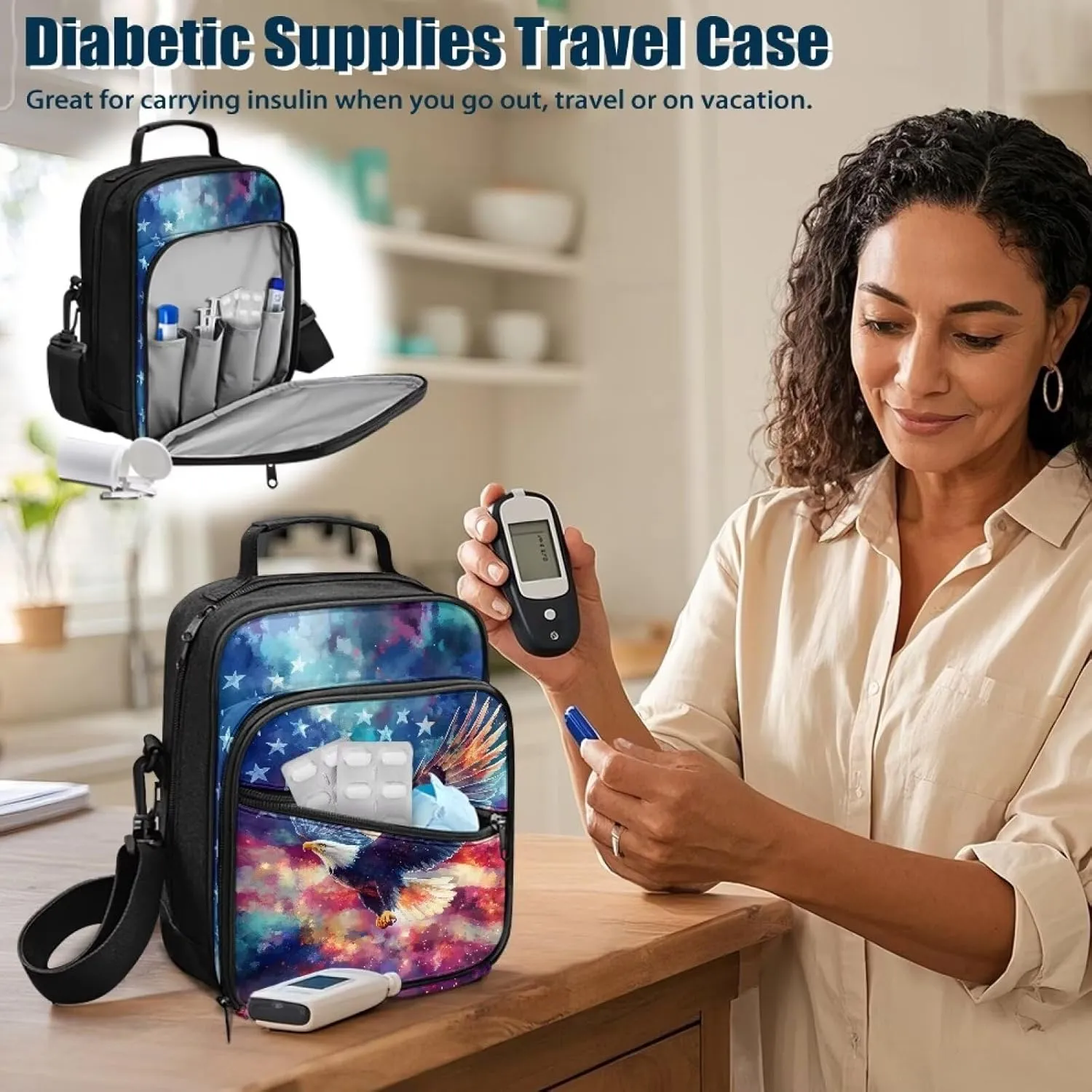 Insulin Travel Case, American Flag Eagle Diabetic Medication Organizer Bag, Travel Medication Diabetes Supplies Organizer Bag with Shoulder Strap