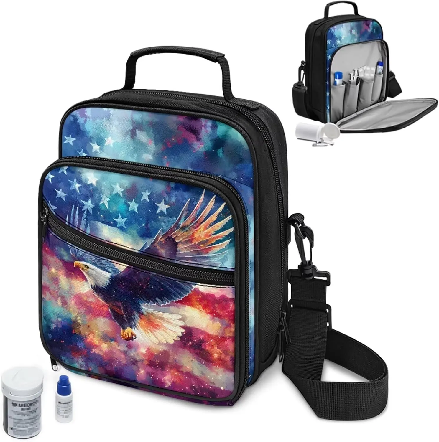 Insulin Travel Case, American Flag Eagle Diabetic Medication Organizer Bag, Travel Medication Diabetes Supplies Organizer Bag with Shoulder Strap
