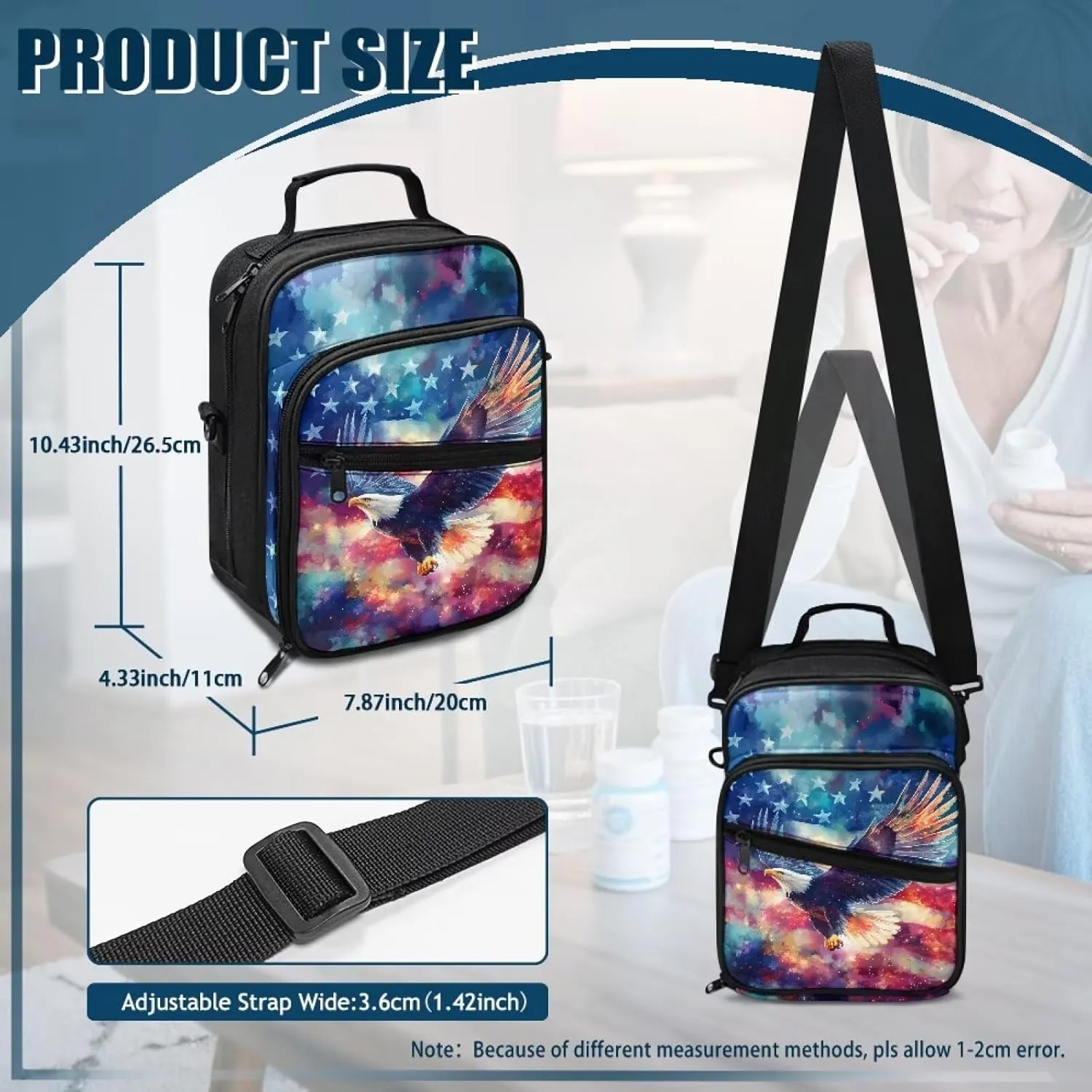 Insulin Travel Case, American Flag Eagle Diabetic Medication Organizer Bag, Travel Medication Diabetes Supplies Organizer Bag with Shoulder Strap