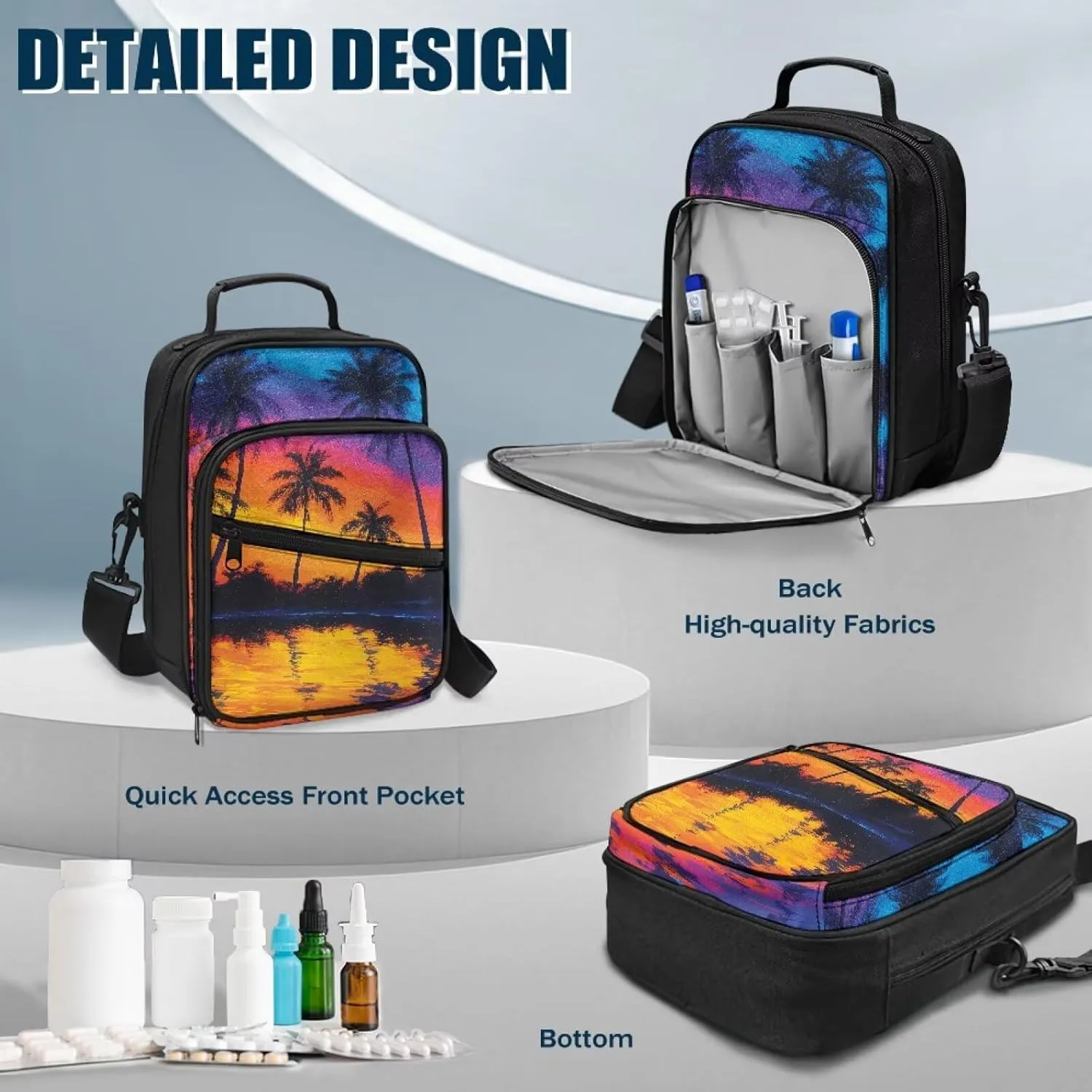 Insulin Travel Case, Coconut Tree Diabetes Bag for Supplies with Shoulder Strap for Glucose Meter and Diabetic Supplies