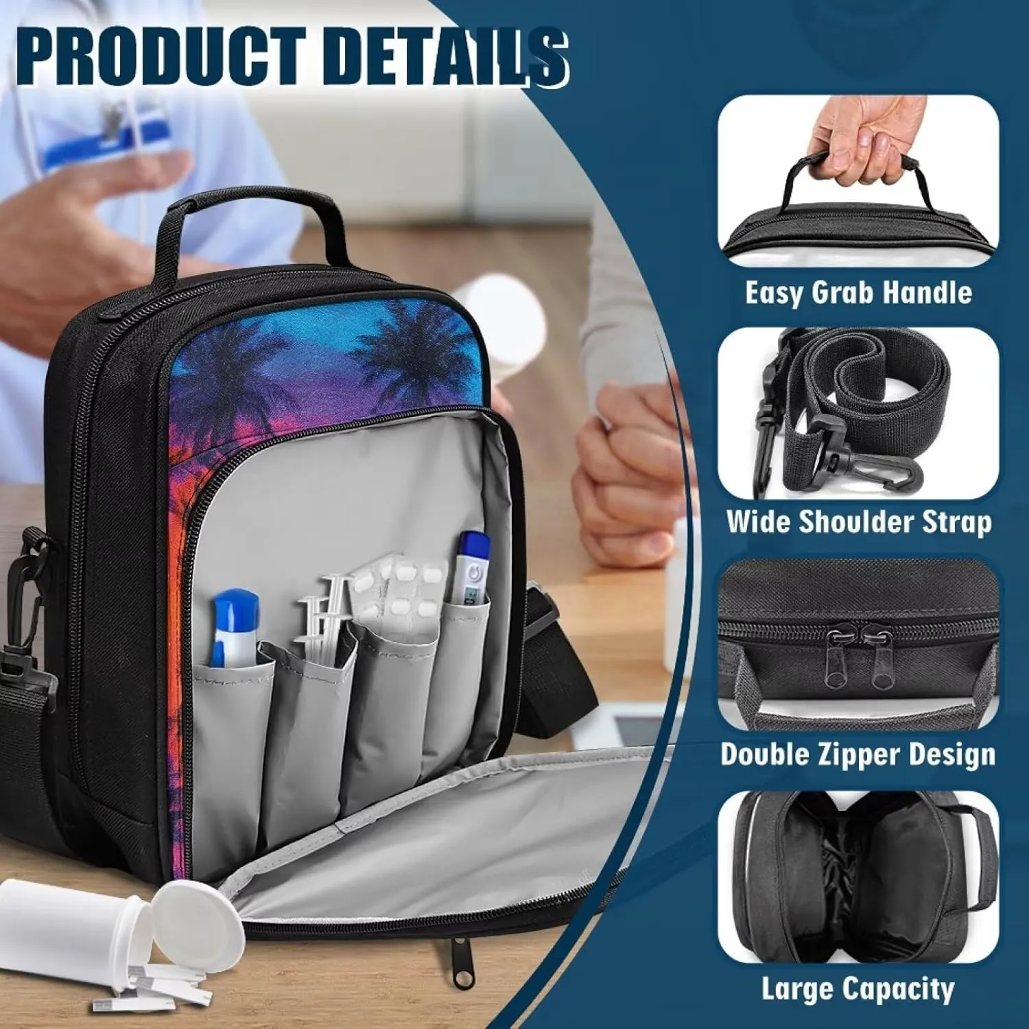 Insulin Travel Case, Coconut Tree Diabetes Bag for Supplies with Shoulder Strap for Glucose Meter and Diabetic Supplies