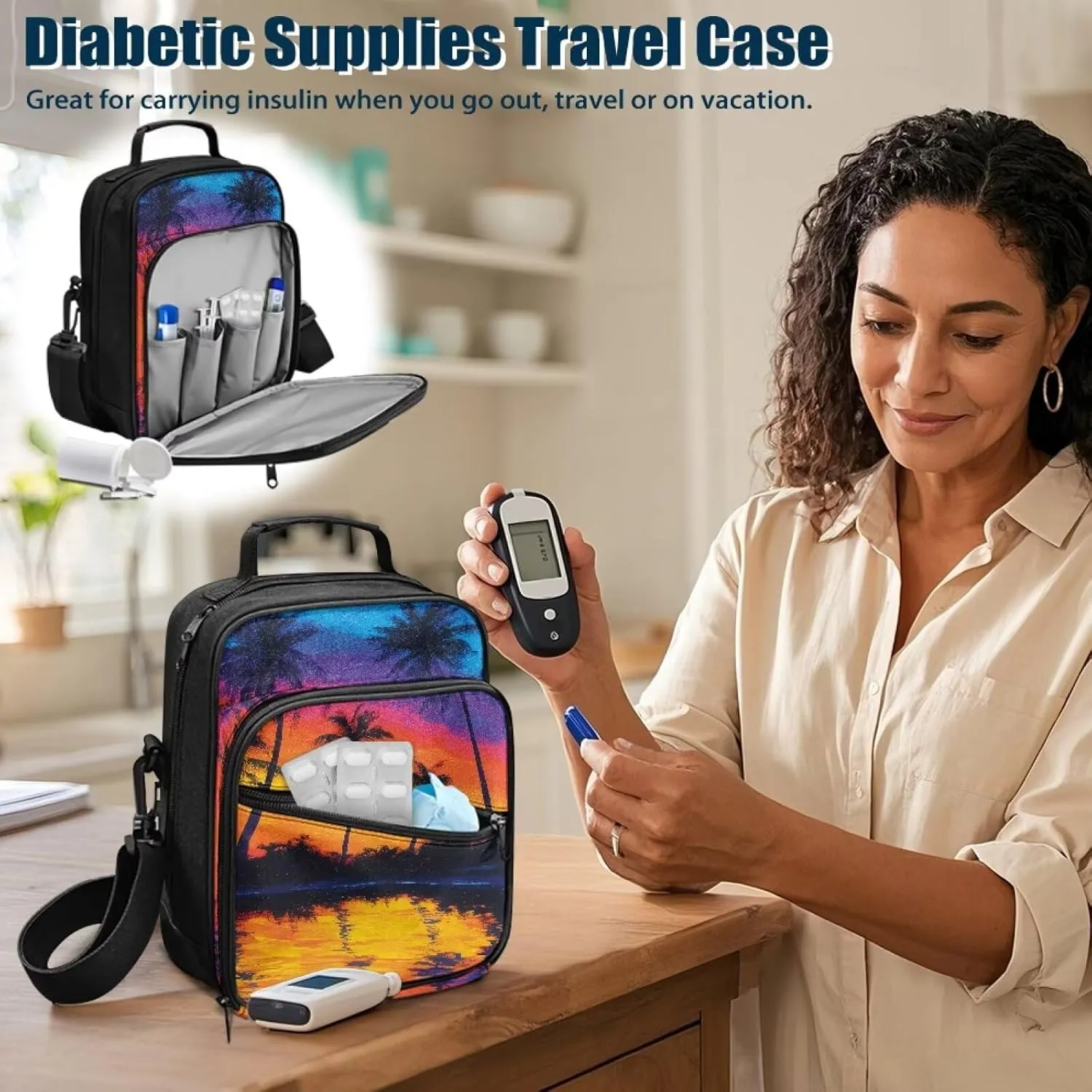 Insulin Travel Case, Coconut Tree Diabetes Bag for Supplies with Shoulder Strap for Glucose Meter and Diabetic Supplies