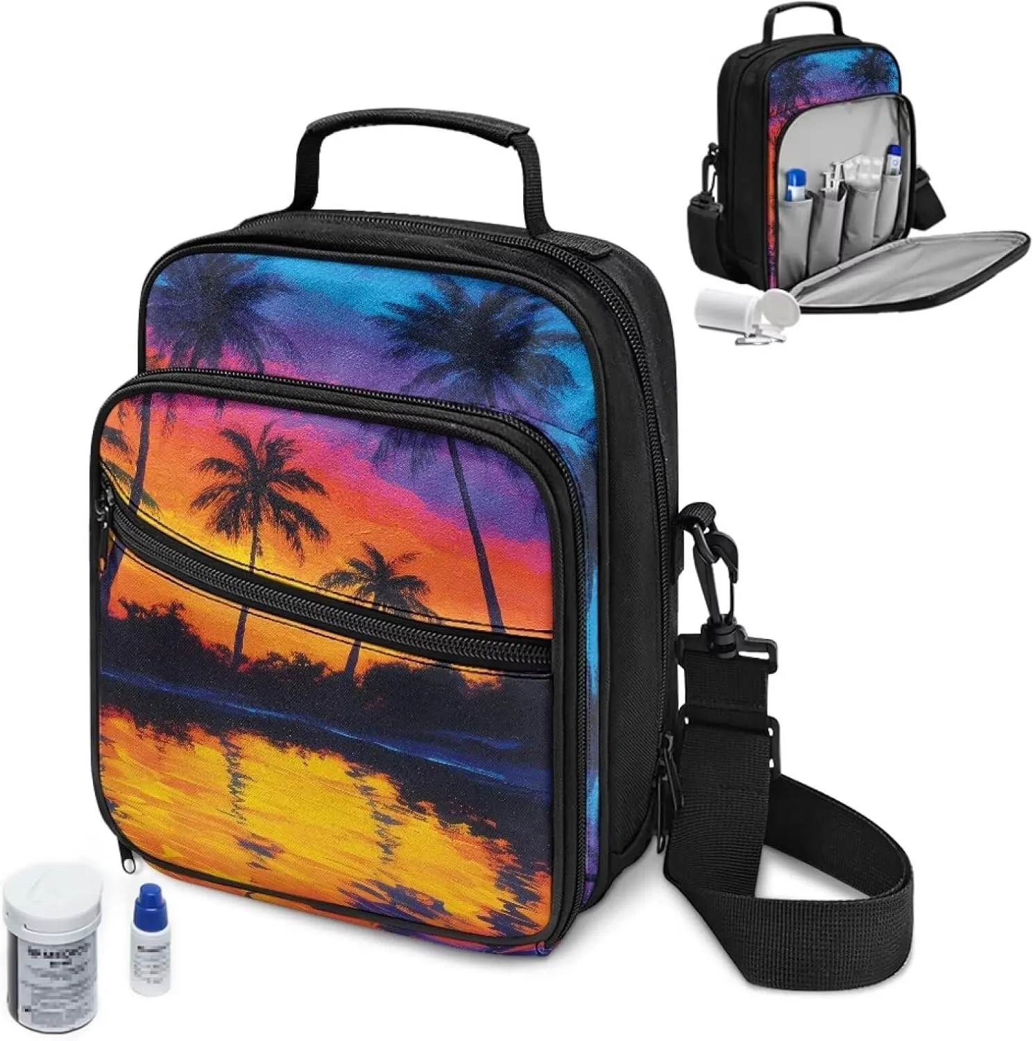 Insulin Travel Case, Coconut Tree Diabetes Bag for Supplies with Shoulder Strap for Glucose Meter and Diabetic Supplies