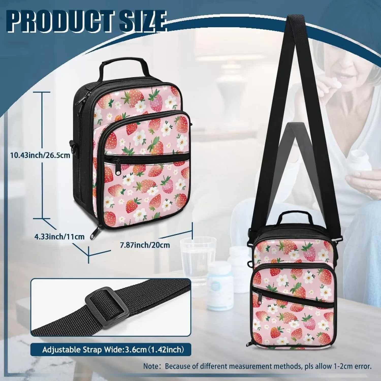 Insulin Travel Case, Strawberry Diabetes Supplies Bag, Travel Medication Diabetes Supplies Organizer Bag with Shoulder Strap for Glucose Meter and Diabetic Supplies