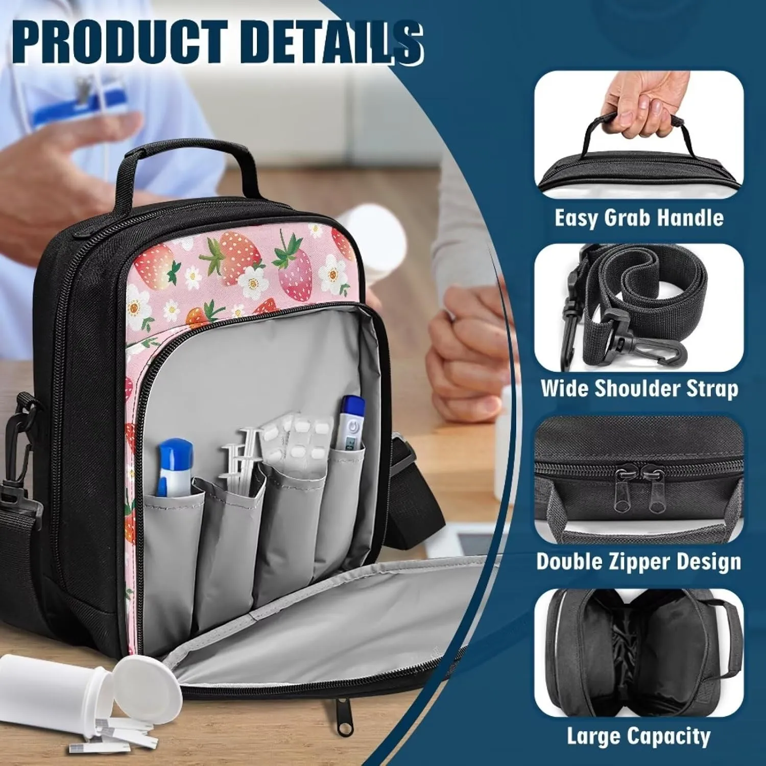 Insulin Travel Case, Strawberry Diabetes Supplies Bag, Travel Medication Diabetes Supplies Organizer Bag with Shoulder Strap for Glucose Meter and Diabetic Supplies