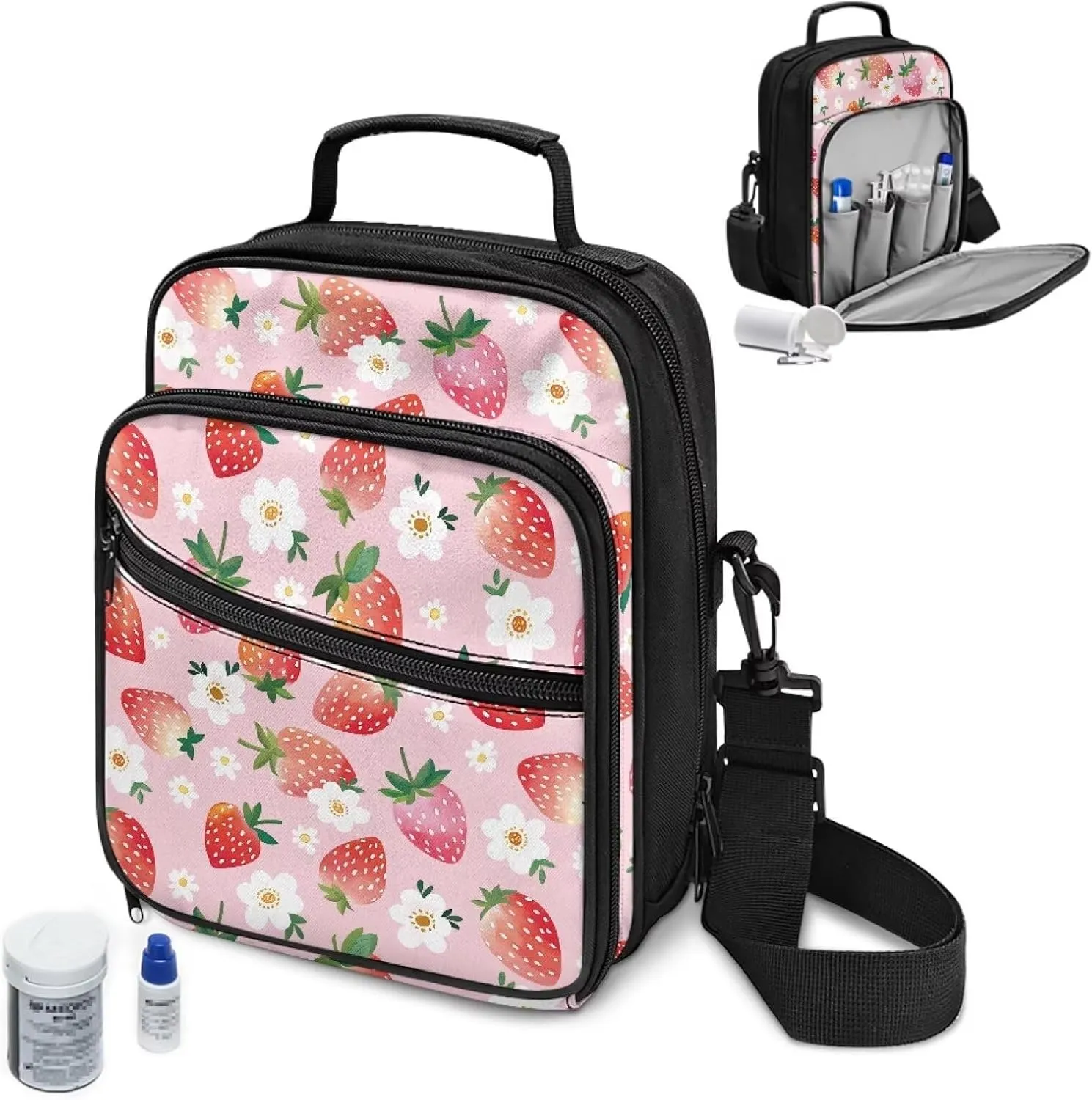 Insulin Travel Case, Strawberry Diabetes Supplies Bag, Travel Medication Diabetes Supplies Organizer Bag with Shoulder Strap for Glucose Meter and Diabetic Supplies
