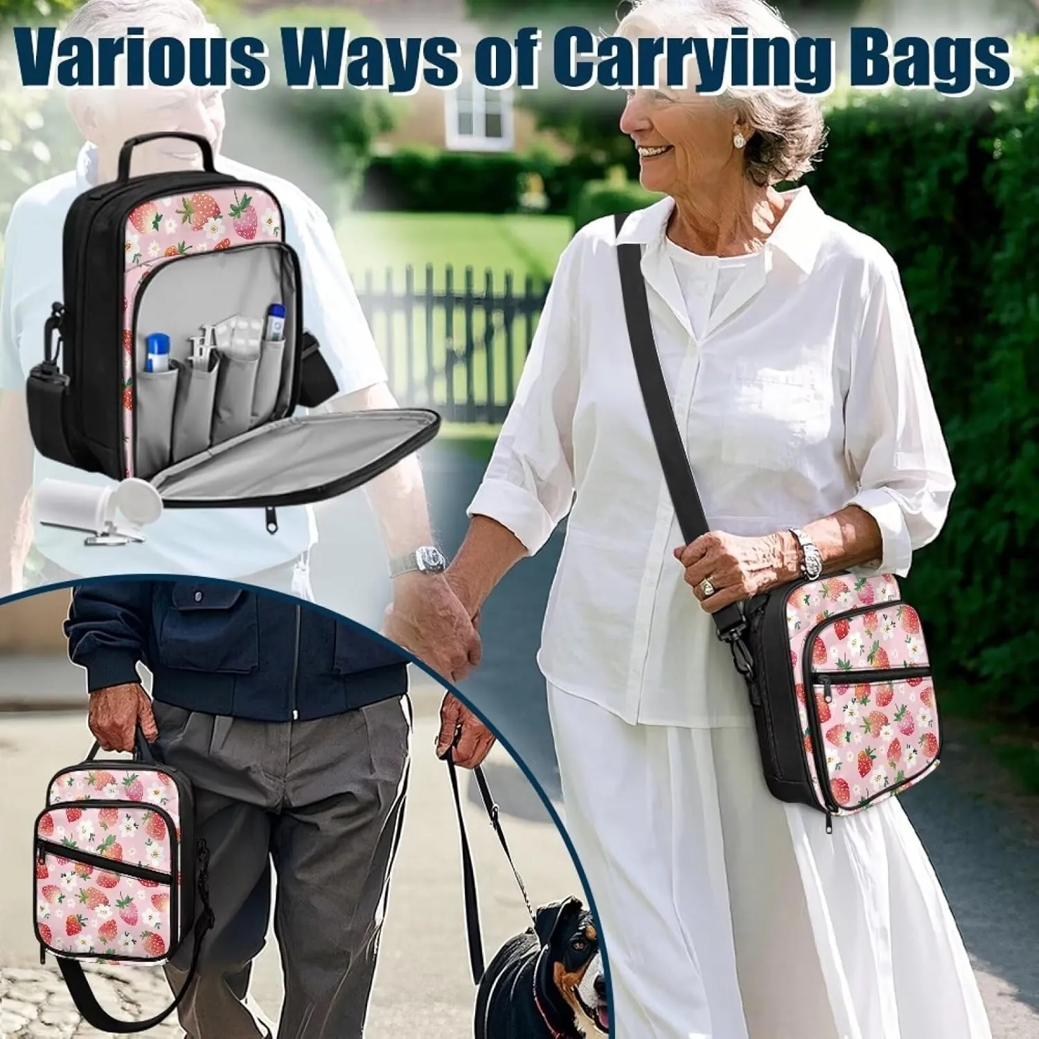 Insulin Travel Case, Strawberry Diabetes Supplies Bag, Travel Medication Diabetes Supplies Organizer Bag with Shoulder Strap for Glucose Meter and Diabetic Supplies
