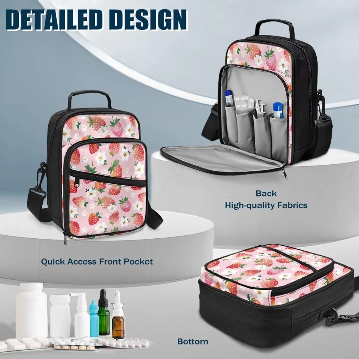 Insulin Travel Case, Strawberry Diabetes Supplies Bag, Travel Medication Diabetes Supplies Organizer Bag with Shoulder Strap for Glucose Meter and Diabetic Supplies