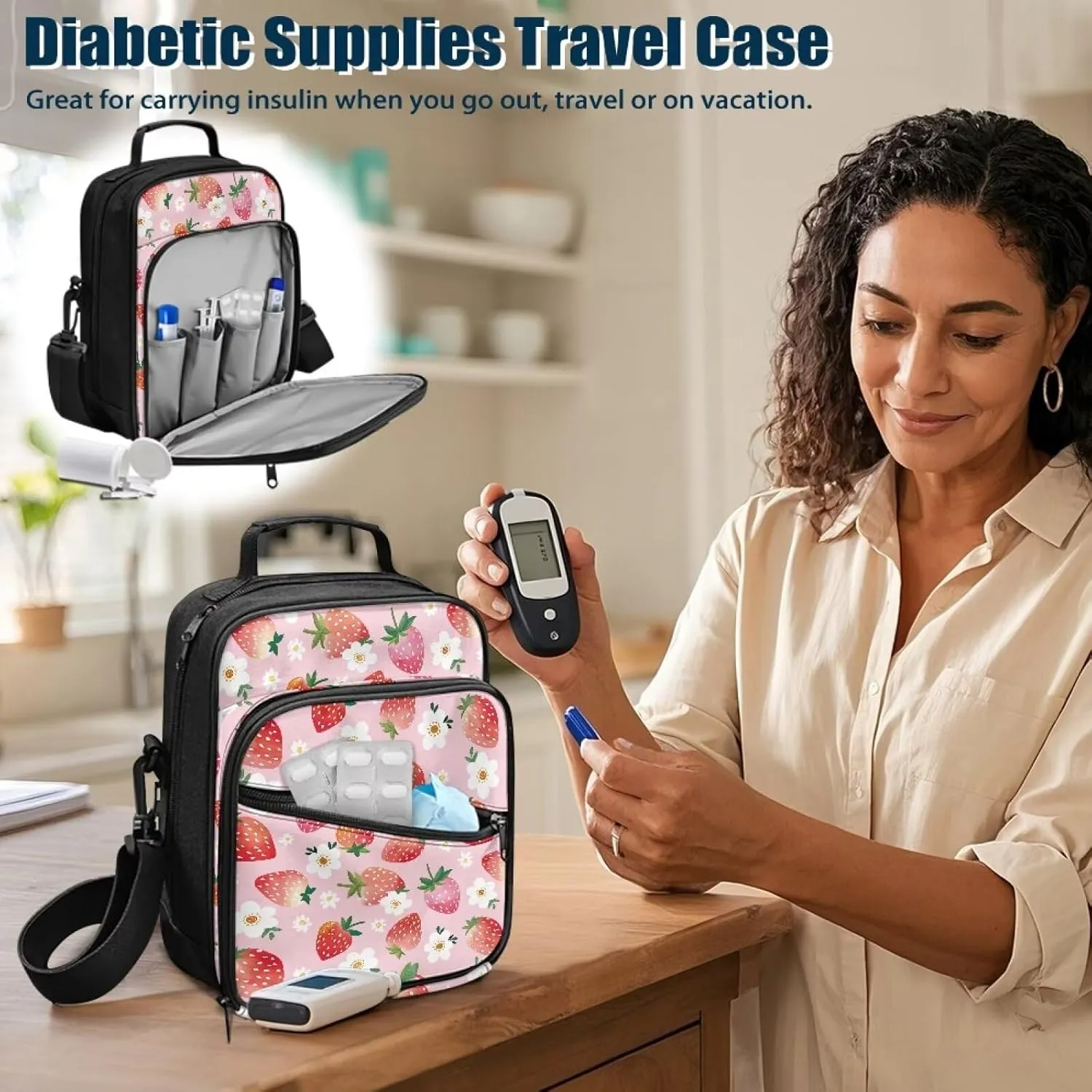 Insulin Travel Case, Strawberry Diabetes Supplies Bag, Travel Medication Diabetes Supplies Organizer Bag with Shoulder Strap for Glucose Meter and Diabetic Supplies