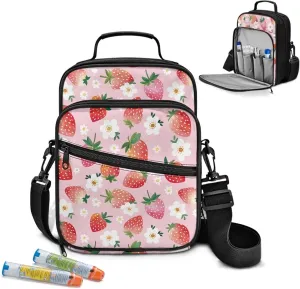 Insulin Travel Case, Strawberry Diabetes Supplies Bag, Travel Medication Diabetes Supplies Organizer Bag with Shoulder Strap for Glucose Meter and Diabetic Supplies