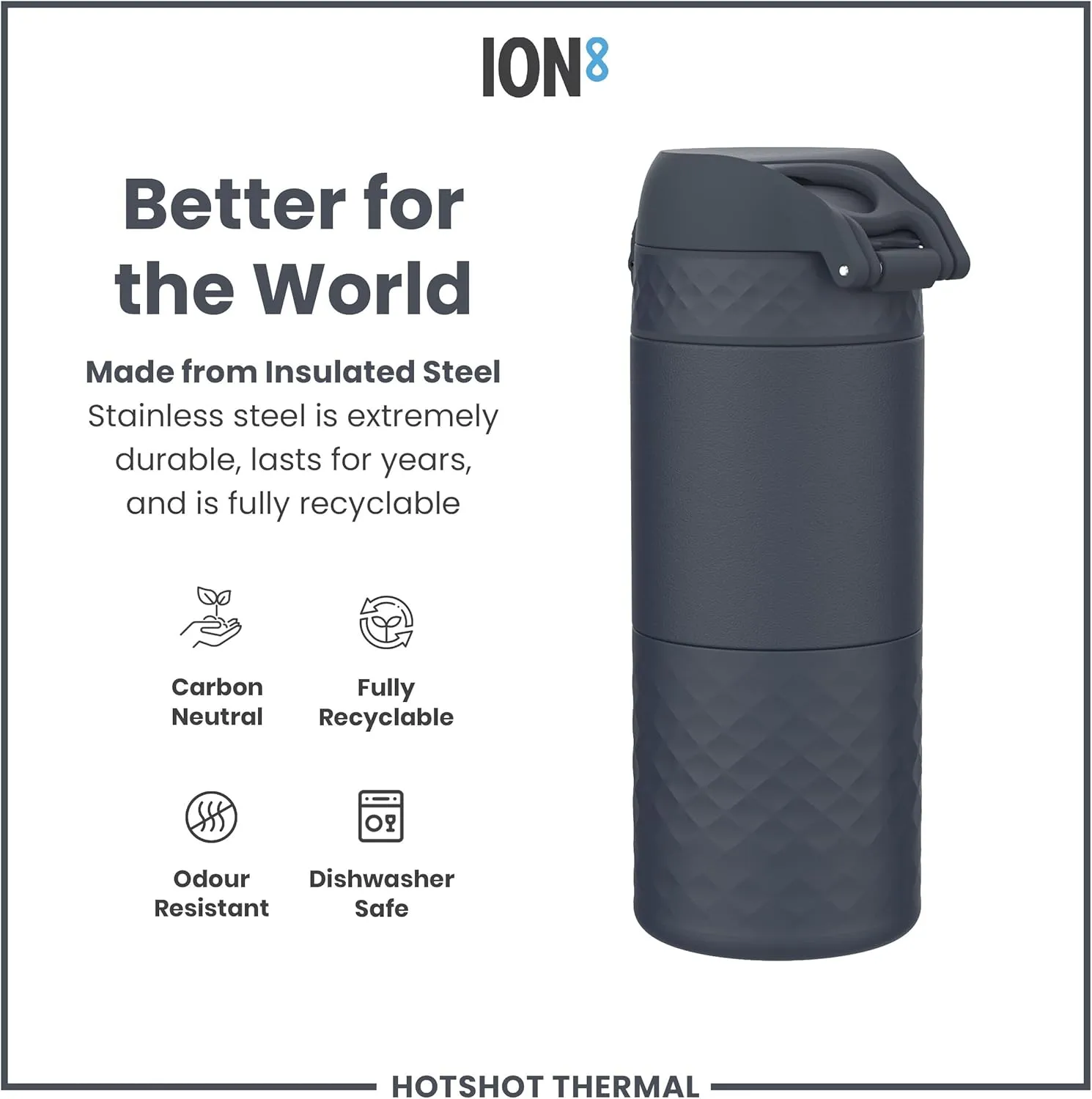 ION8 Insulated Travel Mug, 360 ml/12 oz, Leak Proof, Triple Lock Secure, Spill-Free in Transit, Hygienic Cover, Easy-to-Clean, Perfect On-The-Go, Ash Navy, Stainless Steel