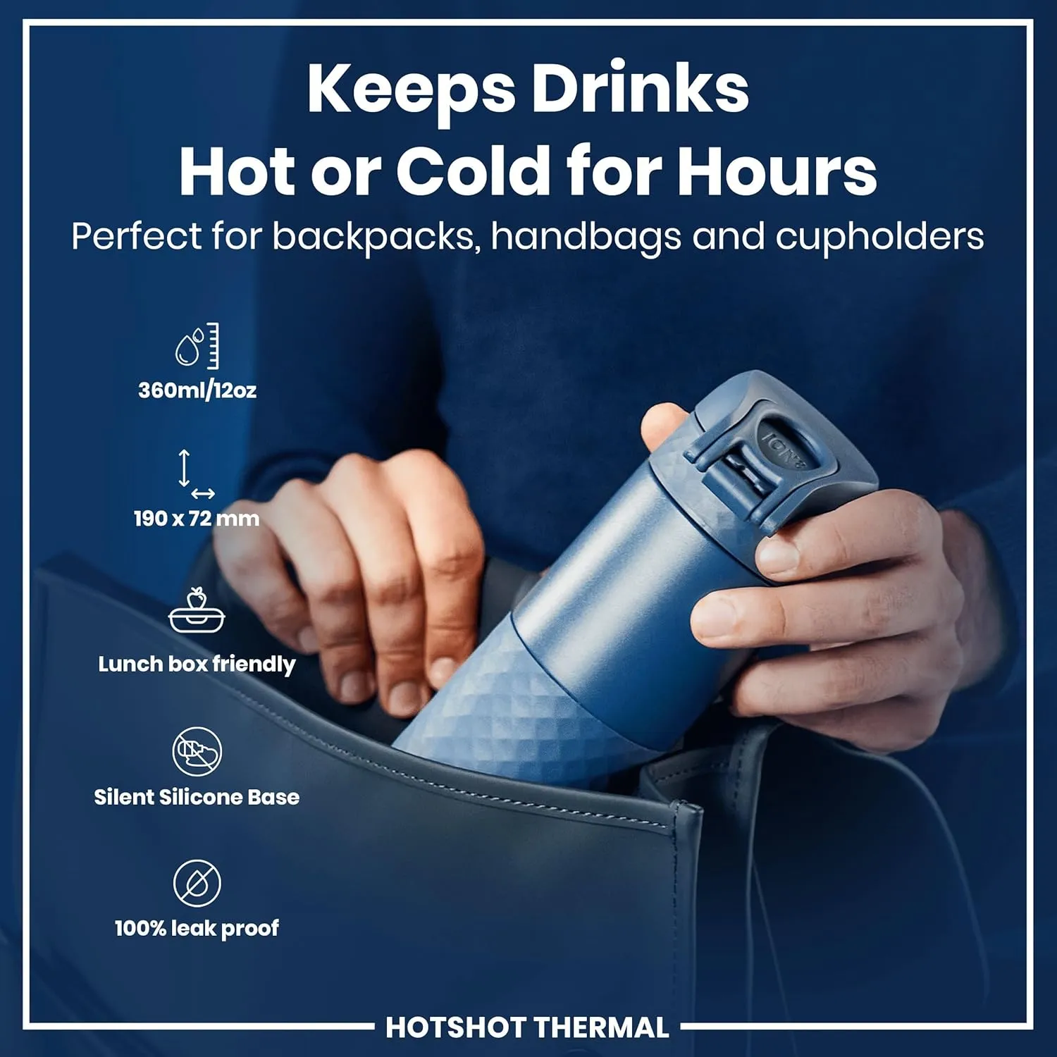 ION8 Insulated Travel Mug, 360 ml/12 oz, Leak Proof, Triple Lock Secure, Spill-Free in Transit, Hygienic Cover, Easy-to-Clean, Perfect On-The-Go, Ash Navy, Stainless Steel
