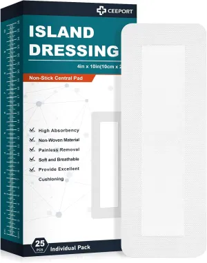 Island Dressing Bordered Gauze 4"x10", 25 Individually Packed Non-Stick Pad in Center with Adhesive Border,Soft & Highly Absorbent Medical Grade Dressing Gauze Pad for Wound Care and First Aid