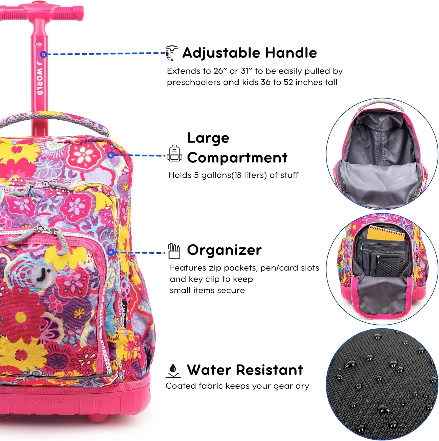 J World New York Lollipop Kids Rolling Backpack & Lunch Bag Set, Poppy Pansy, One Size