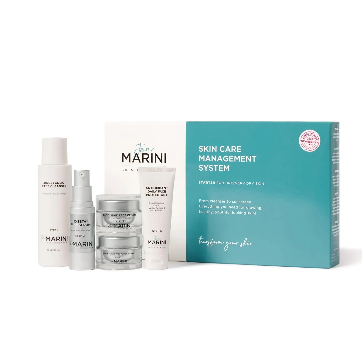 Jan Marini Starter Skin Care Management System - Travel-Size Skin Product Set with Cleanser, Face Serum, Face Lotion, Face Cream & Face Protectant - Skin Care System for Dry or Very Dry Skin Skin