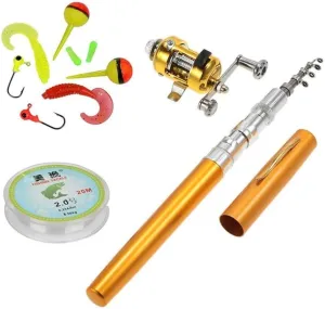 Jatzde Mini Portable Telescopic Pen Fish Rod Combo- Pocket Fishing Pole  Aluminum Alloy Reel   Fishing Line  Soft Lures