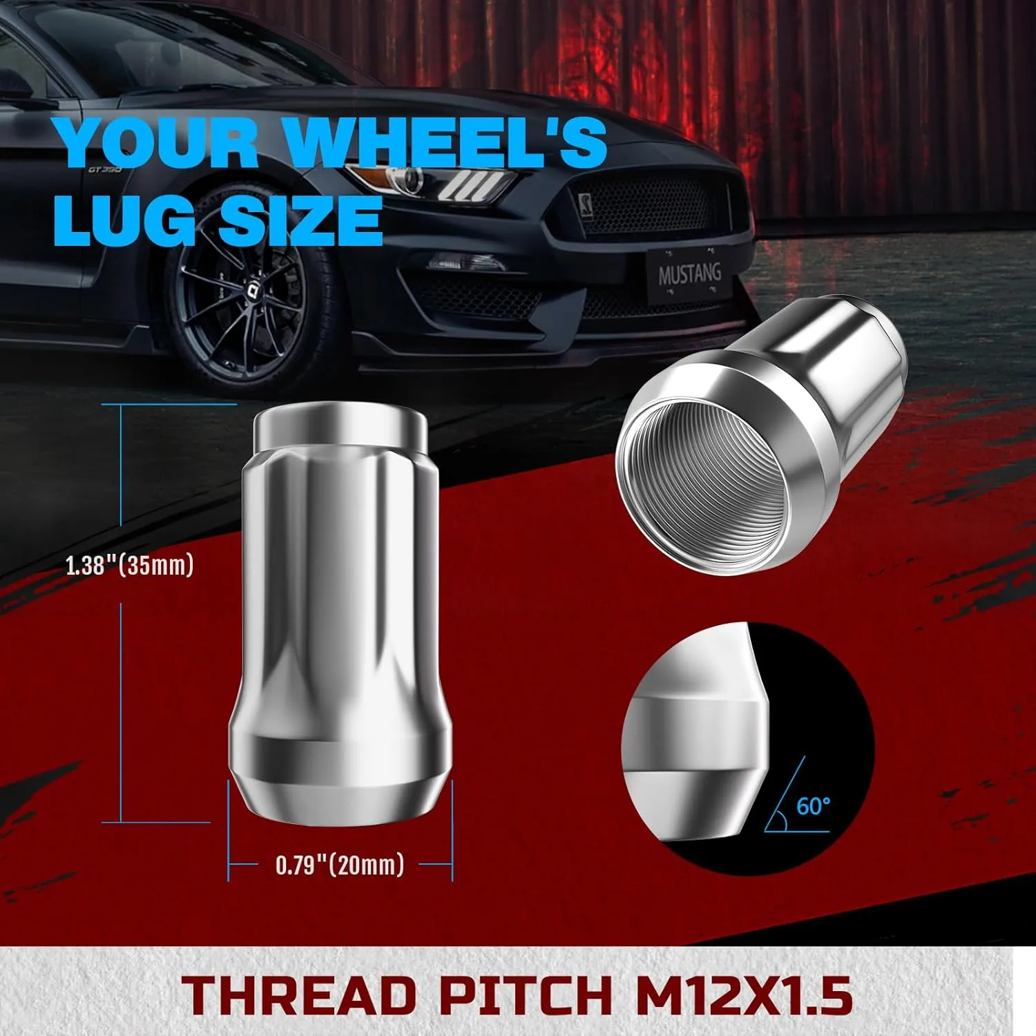 JiiinMiiin 20PCS M12x1.5 Lug Nuts Chrome 6 Spline Tuner, Closed End Aftermarket Locking Lugnuts 1.38 inch Length with 1 Socket Key 60 Degree Conical/Cone Bulge Seat