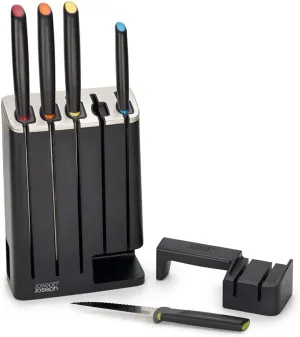Joseph Joseph Elevate Knives SlimBlock Stainless Steel 7 Piece Kitchen Knife Block Set with ceramic sharpener – Black