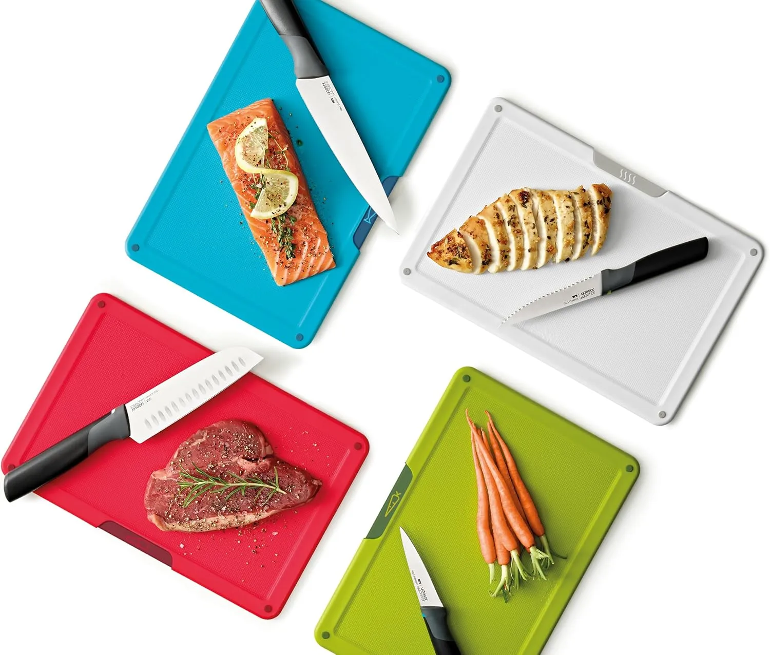 Joseph Joseph Folio Icon 8-Piece Multi Colour coded Cutting Board Set with Japanese Stainless Steel Knives, Slimline case for organized Kitchen storage, Silver