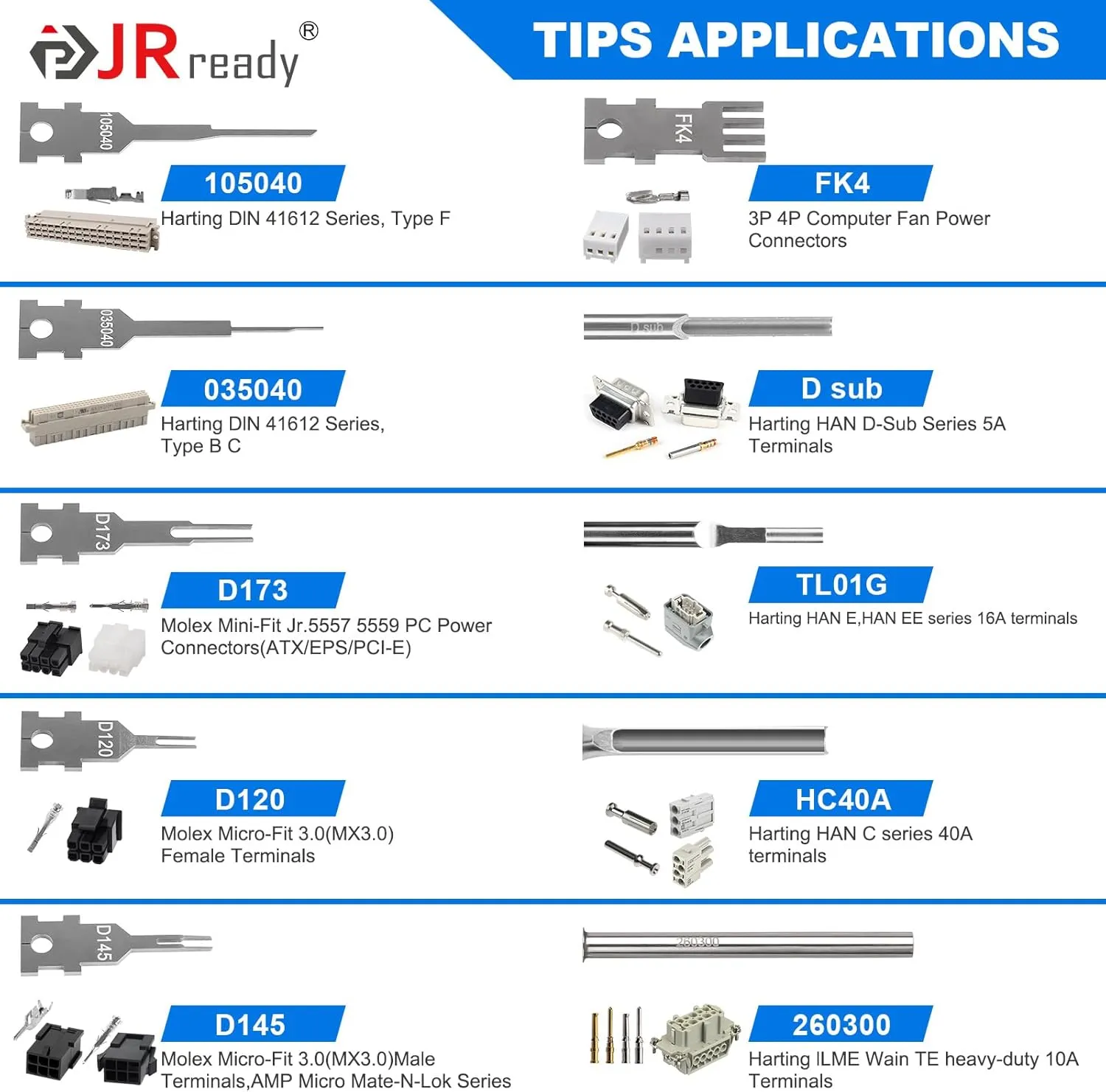 JRready JRconDRK00A10-04 Terminal Release Tool Kit, 10PCS Automotive Computer Electrical Pin Removal Tools Wire Harness Repair Terminal Extractors Set for Molex, Harting, Wain Series Connector