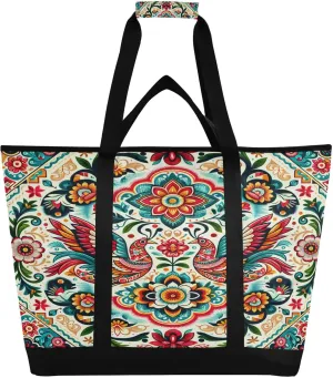 Kalocsa Pattern Reusable Insulated Lunchbox Cooler Bag, Leakproof Kitchen Grocery Bag Collapsible Portable Cooler Tote Bag for Picnic, Camping, Office, Travel