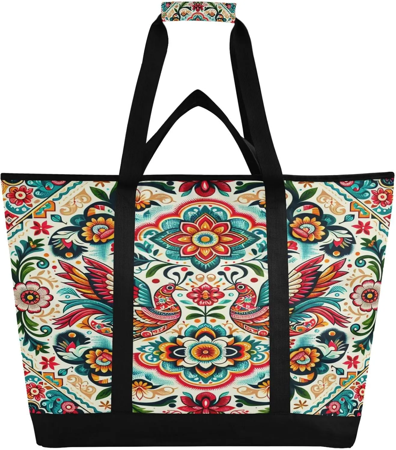 Kalocsa Pattern Reusable Insulated Lunchbox Cooler Bag, Leakproof Kitchen Grocery Bag Collapsible Portable Cooler Tote Bag for Picnic, Camping, Office, Travel
