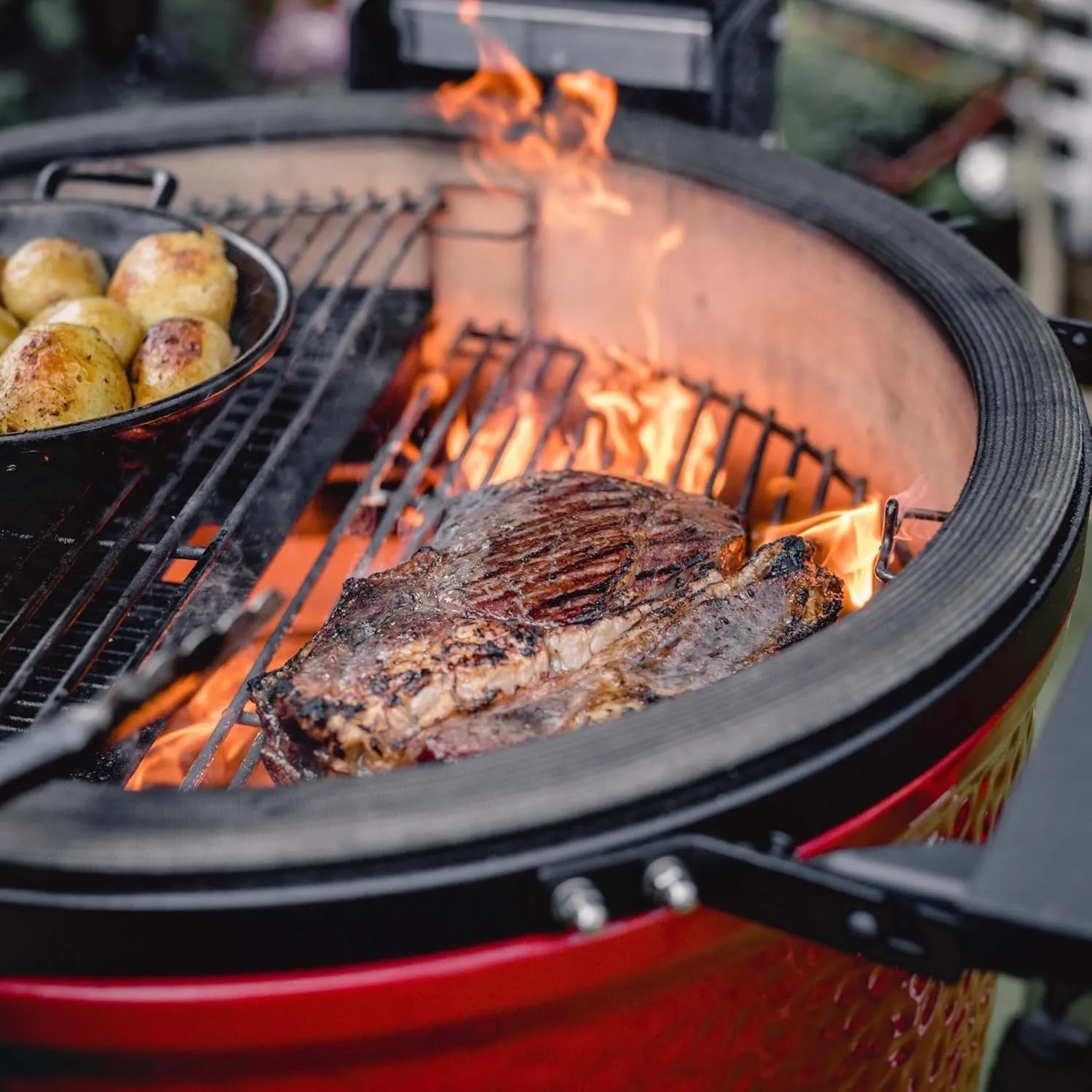 Kamado Joe Classic Joe Series II 18-inch Ceramic Charcoal Grill and Smoker with Cart, Side Shelves, Stainless Steel Grates and 250 Cooking Square Inches in Red, Model KJ-23RHC