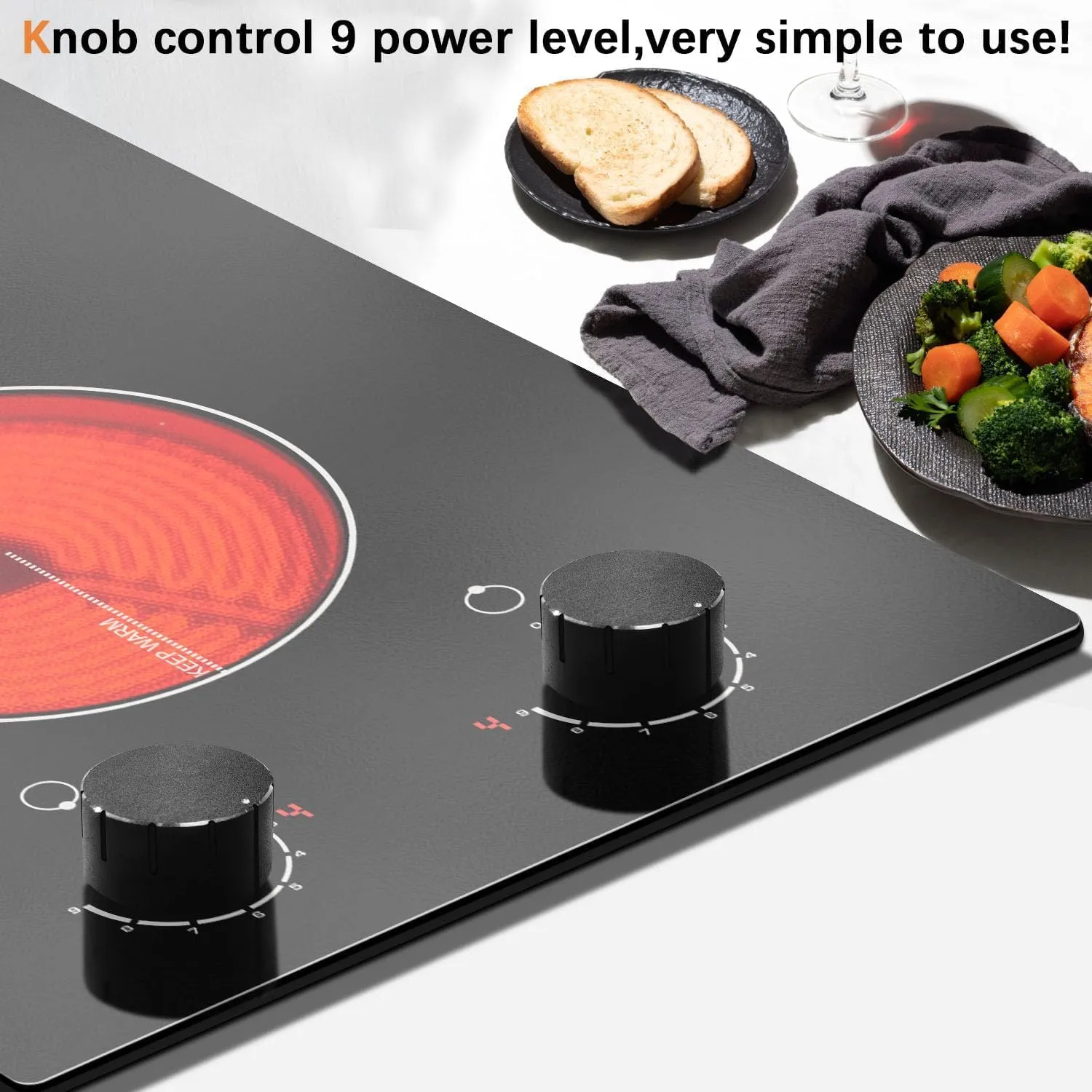 Karinear 110V Electric Cooktop 2 Burners Electric Stove 12 Inch Knob Control Countertop & Built-in Ceramic Cooktop, 9 Heating Level, Hot Warning, Over-Temperature Protection(Black Knob)
