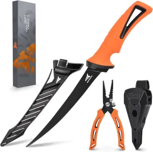 KastKing 6-inch Fishing Pliers and Fillet Knife, 6" Split Ring Nose Plier and 7" Fillet Knife, Orange