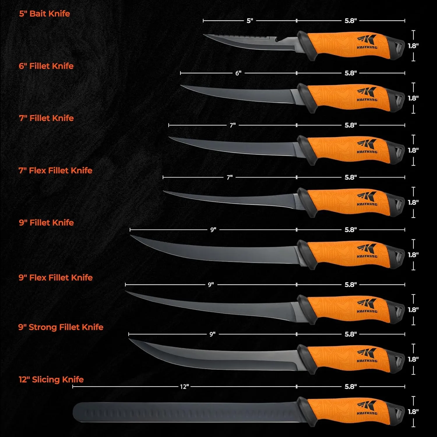 KastKing Fillet Knife and Bait Knife, Razor Sharp G4116 German Stainless-Steel Blade 5" - 12", Professional Level Knives for Filleting and Boning, Non-Slip Handles, Includes Protective Sheath