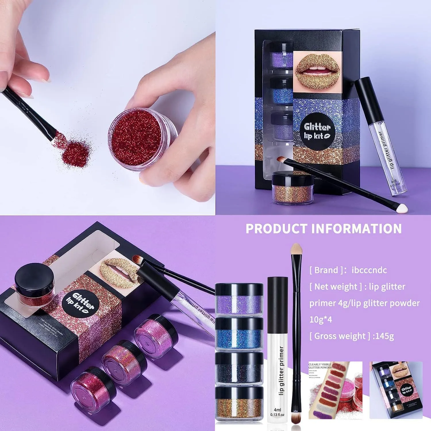 Kawaii Kisses Glitter Lip Kit - Shiny Diamond and Metallic Lip, Anna Makeup Kawaii Kisses Glitter Lip Kit, 4 Colors Glitter Lip Kit Gloss, Waterproof Smudge Proof (#01, 4pcs)