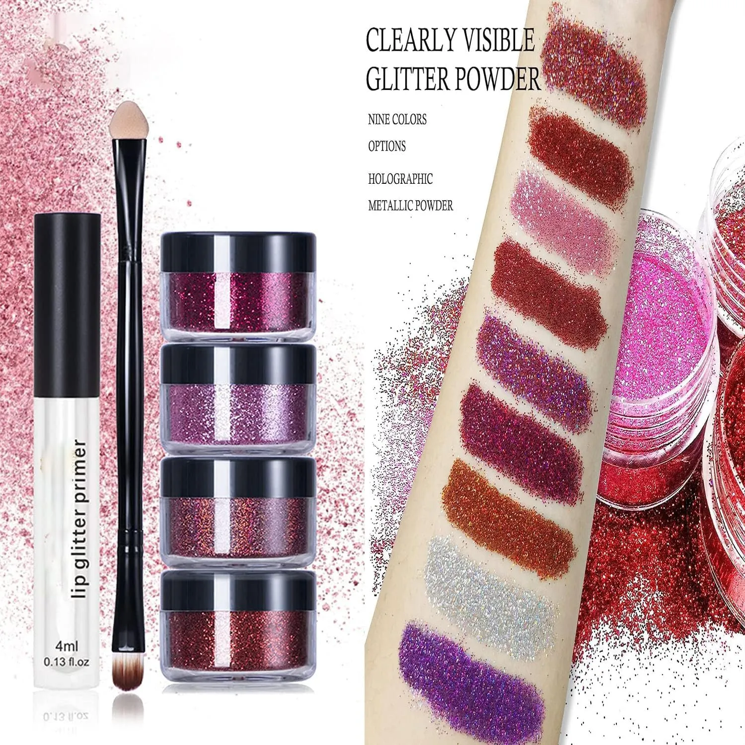 Kawaii Kisses Glitter Lip Kit - Shiny Diamond and Metallic Lip, Anna Makeup Kawaii Kisses Glitter Lip Kit, 4 Colors Glitter Lip Kit Gloss, Waterproof Smudge Proof (#01, 4pcs)