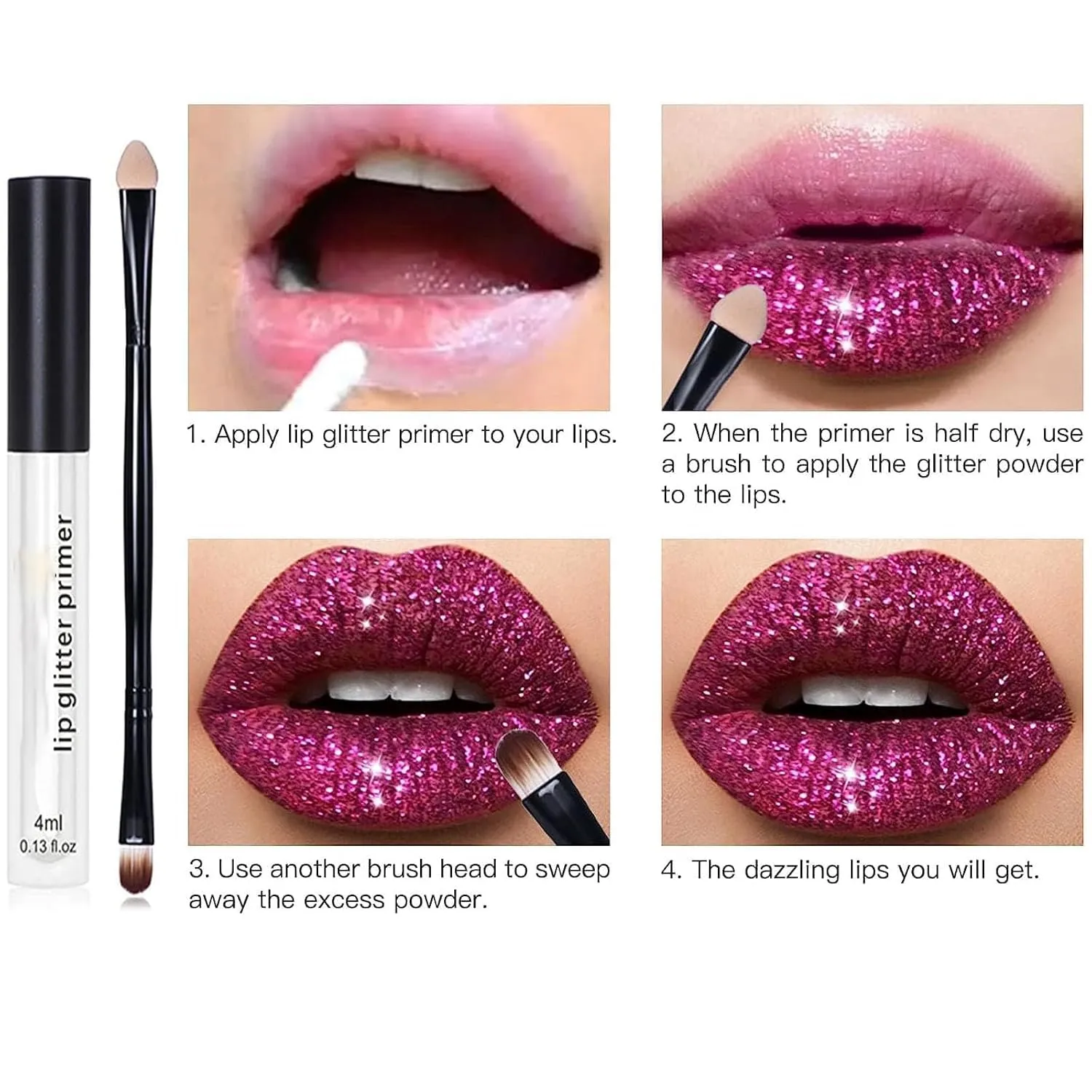 Kawaii Kisses Glitter Lip Kit - Shiny Diamond and Metallic Lip, Anna Makeup Kawaii Kisses Glitter Lip Kit, 4 Colors Glitter Lip Kit Gloss, Waterproof Smudge Proof (#01, 4pcs)