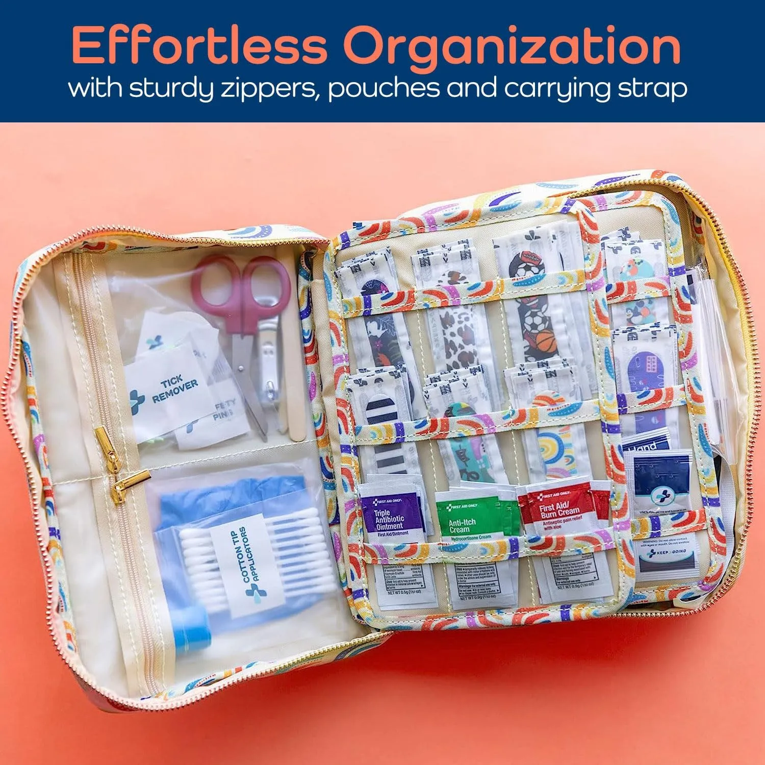 KeepGoing Large Home First Aid Kit for Kids – 270 Pc. for Car, Home, Dorm, & Boat with Latex-Free Bandages – 10 x 7 x 3.5 in. Travel First Aid Kit (Sunny Rainbow)