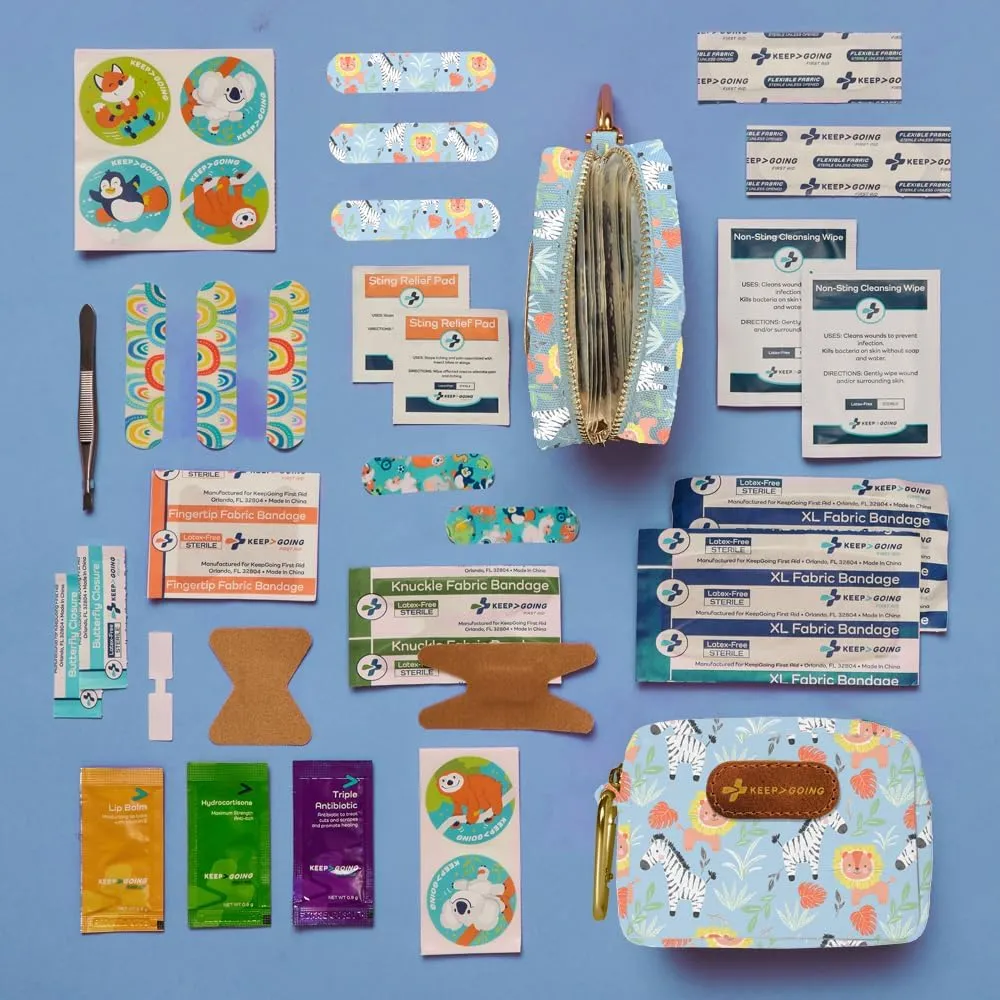 KeepGoing Small Travel First Aid Kit Kids – 60 Pc. Mini First Aid Kit for Purse, Diaper Bag, & Backpack with Latex-Free Bandages – 4 Oz., & 4.5 x 3.5 x 2 in, TSA-Approved